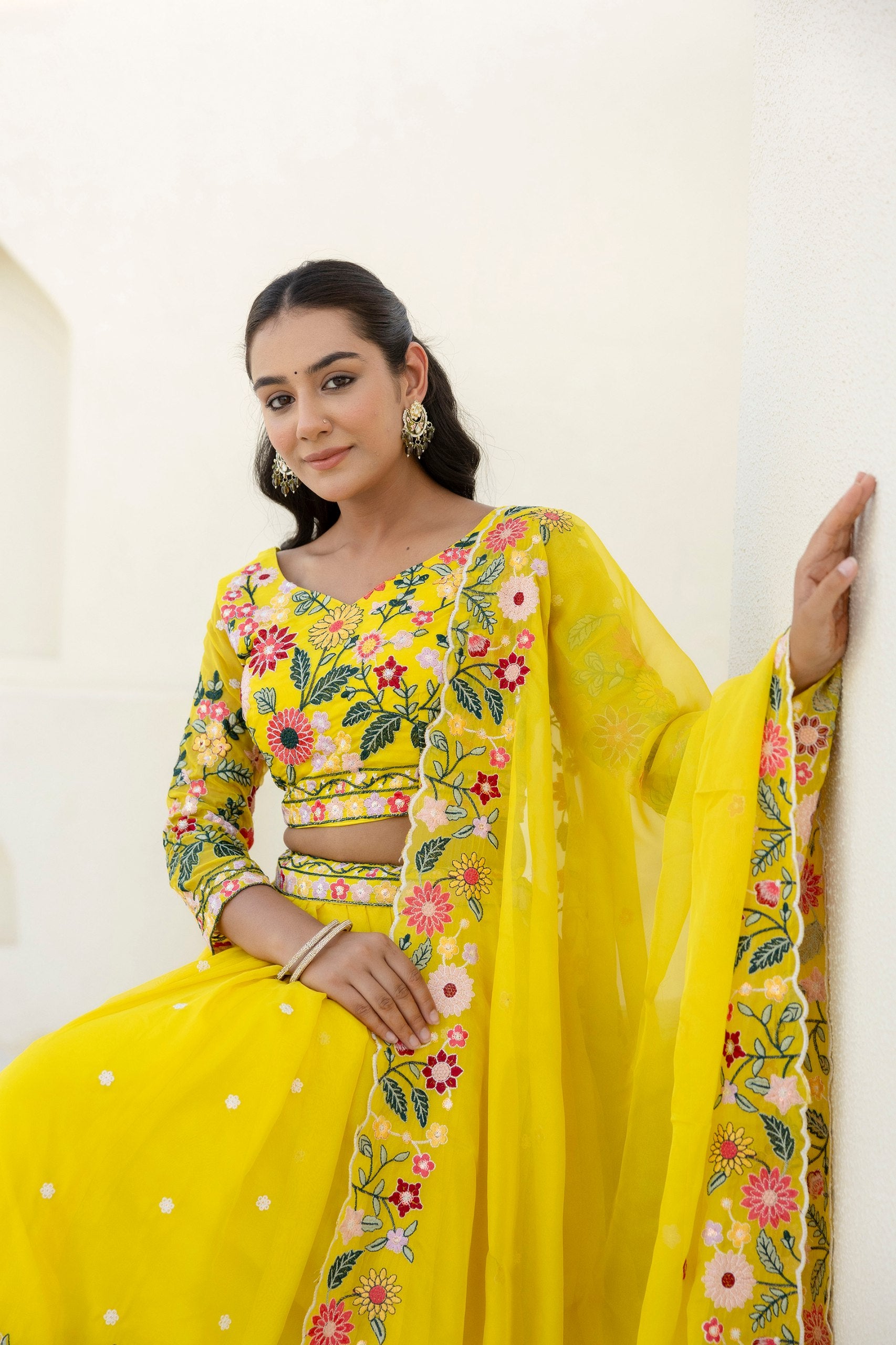 Yellow Floral Embroidered Organza Lehenga Set | RoopRivaaj