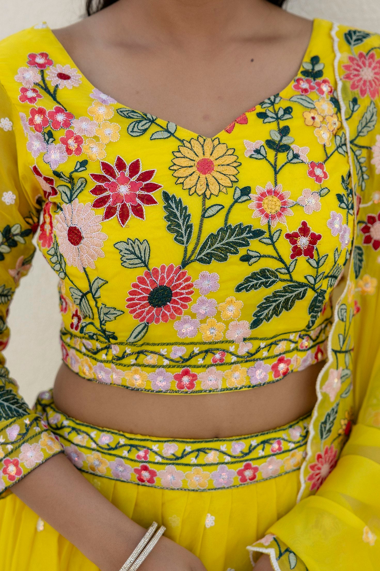 Yellow Floral Embroidered Organza Lehenga Set | RoopRivaaj