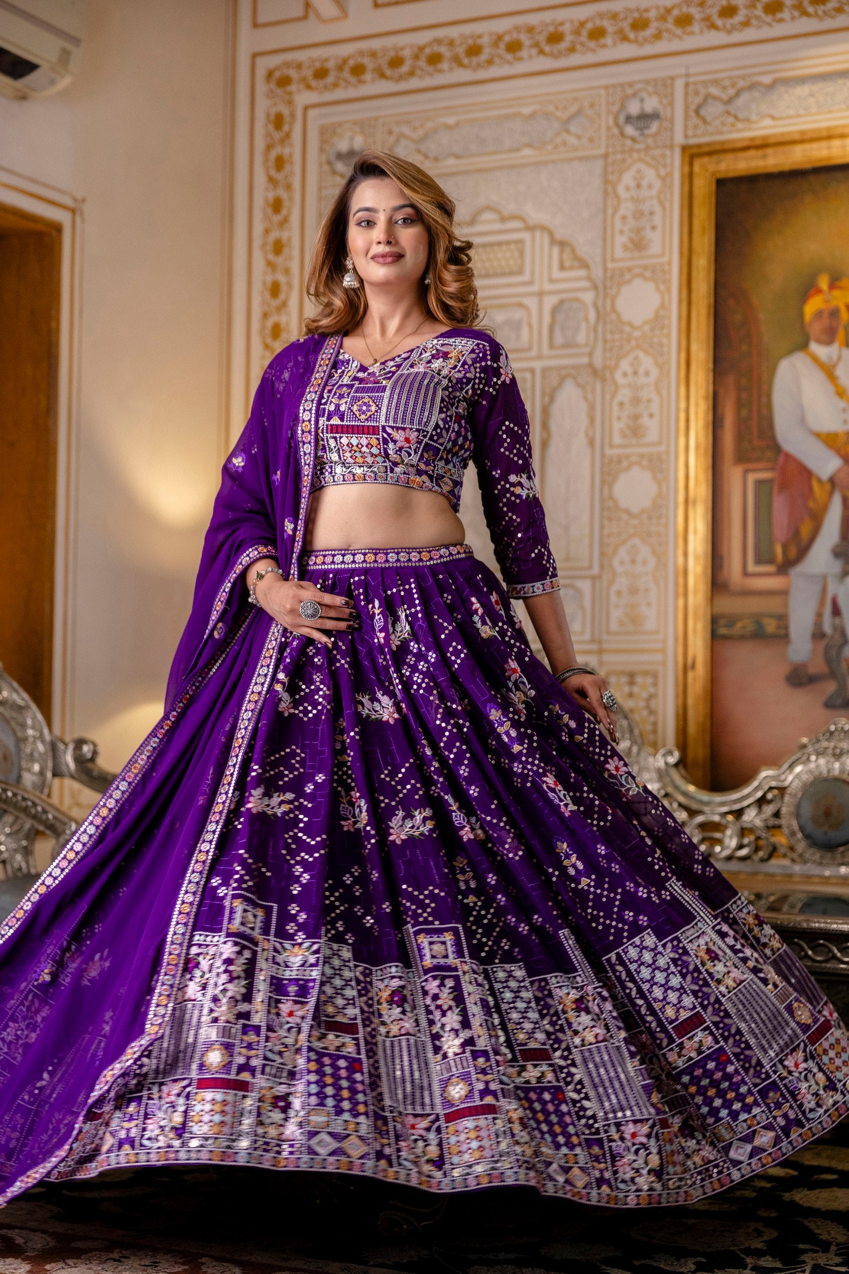 Purple Georgette Thread & Sequins Lehenga Choli Set | RoopRivaaj