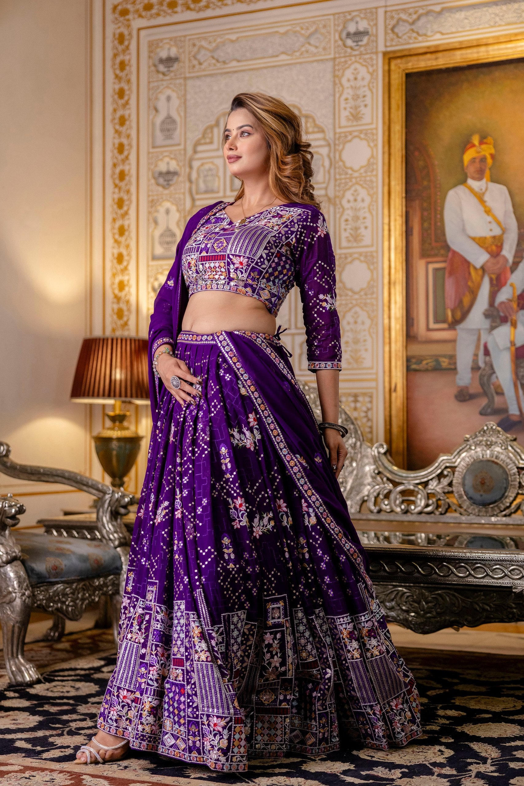 Purple Georgette Thread & Sequins Lehenga Choli Set | RoopRivaaj