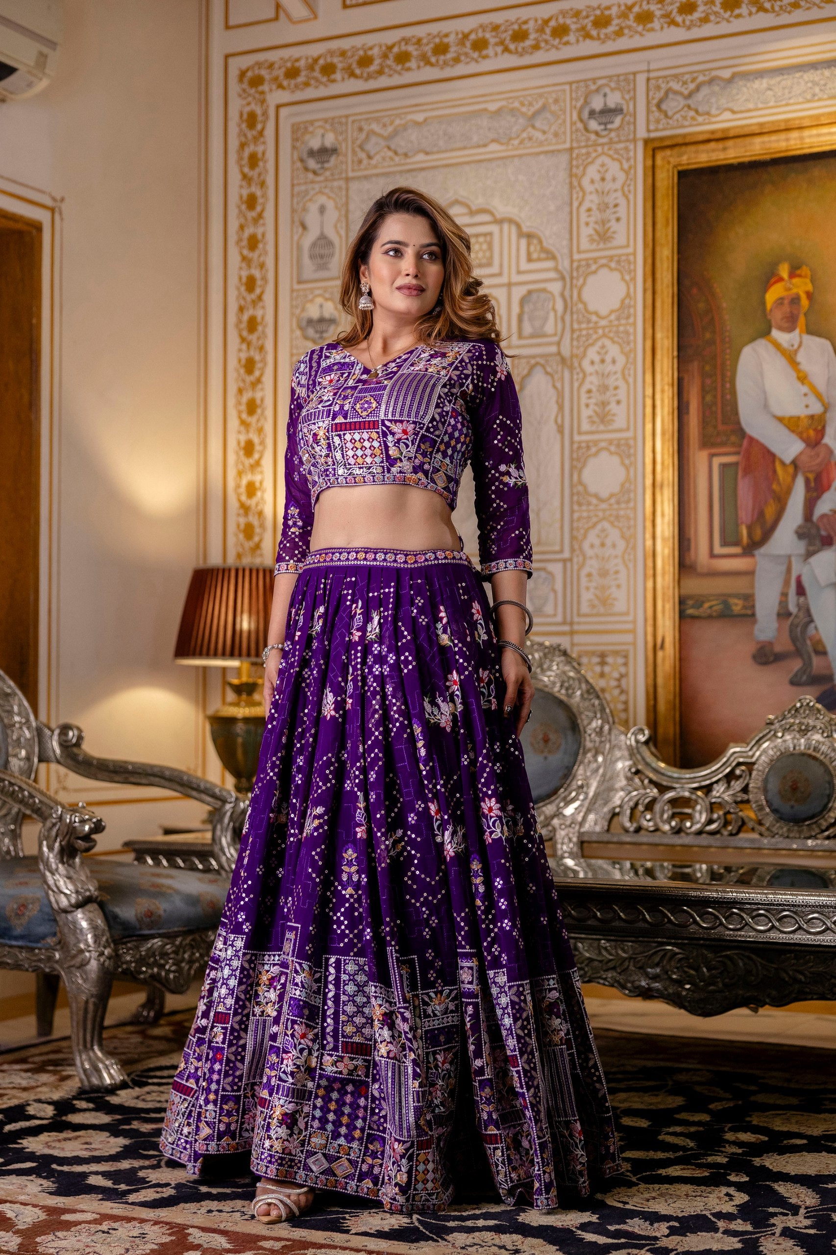 Purple Georgette Thread & Sequins Lehenga Choli Set | RoopRivaaj