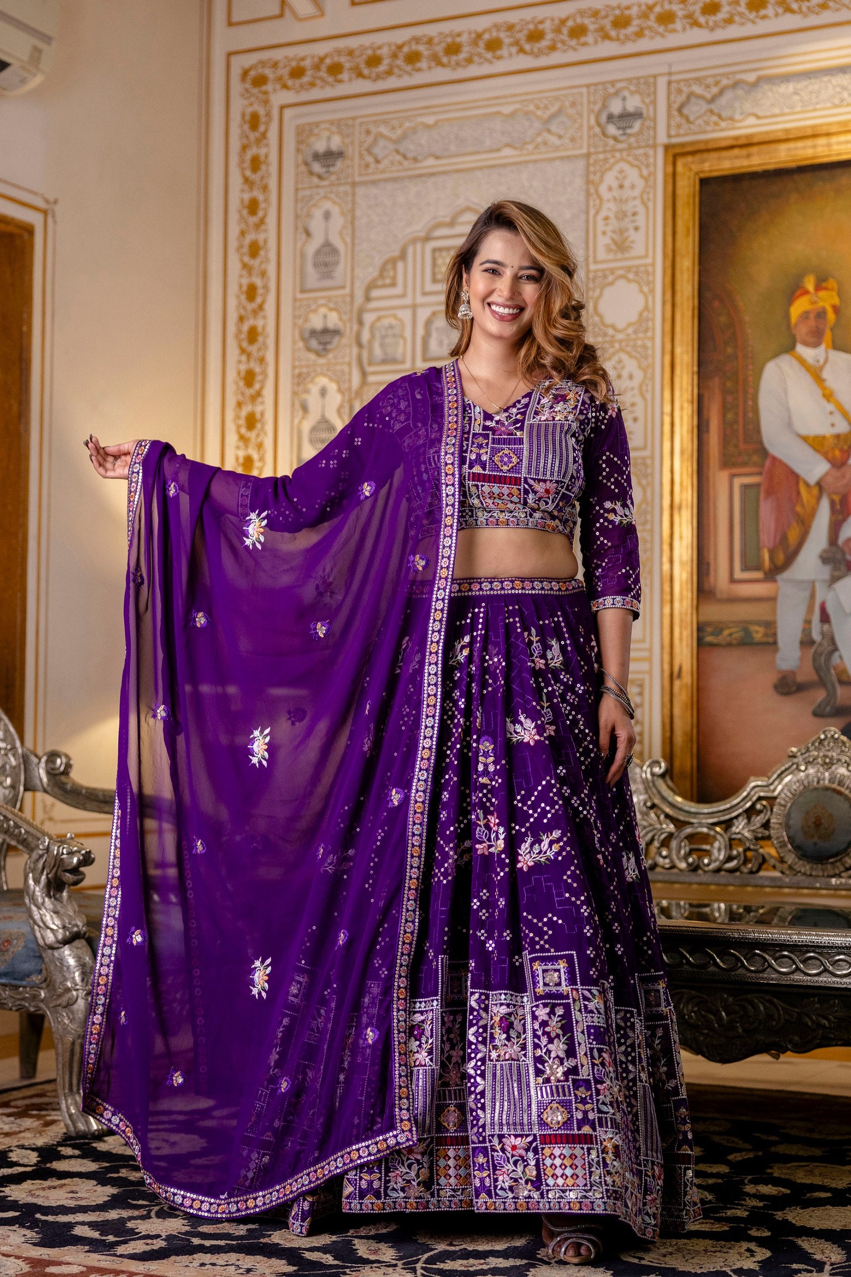 Purple Georgette Thread & Sequins Lehenga Choli Set | RoopRivaaj