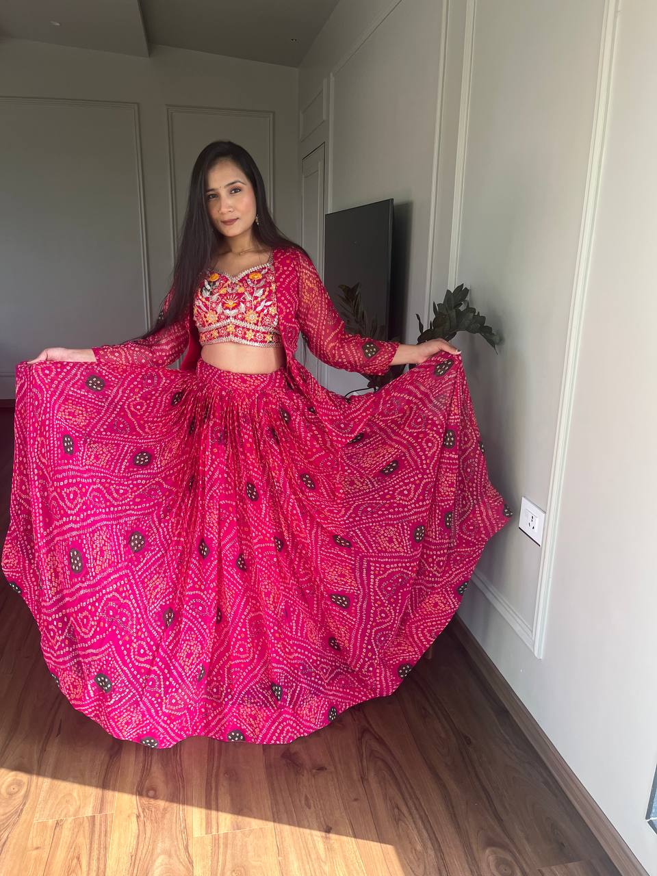 Bandhej Lehenga Choli Set with Jacket in Heavy Embroidery Work | RoopRivaaj