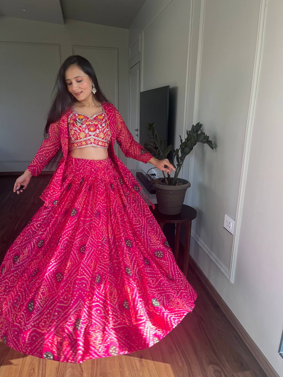 Bandhej Lehenga Choli Set with Jacket in Heavy Embroidery Work | RoopRivaaj
