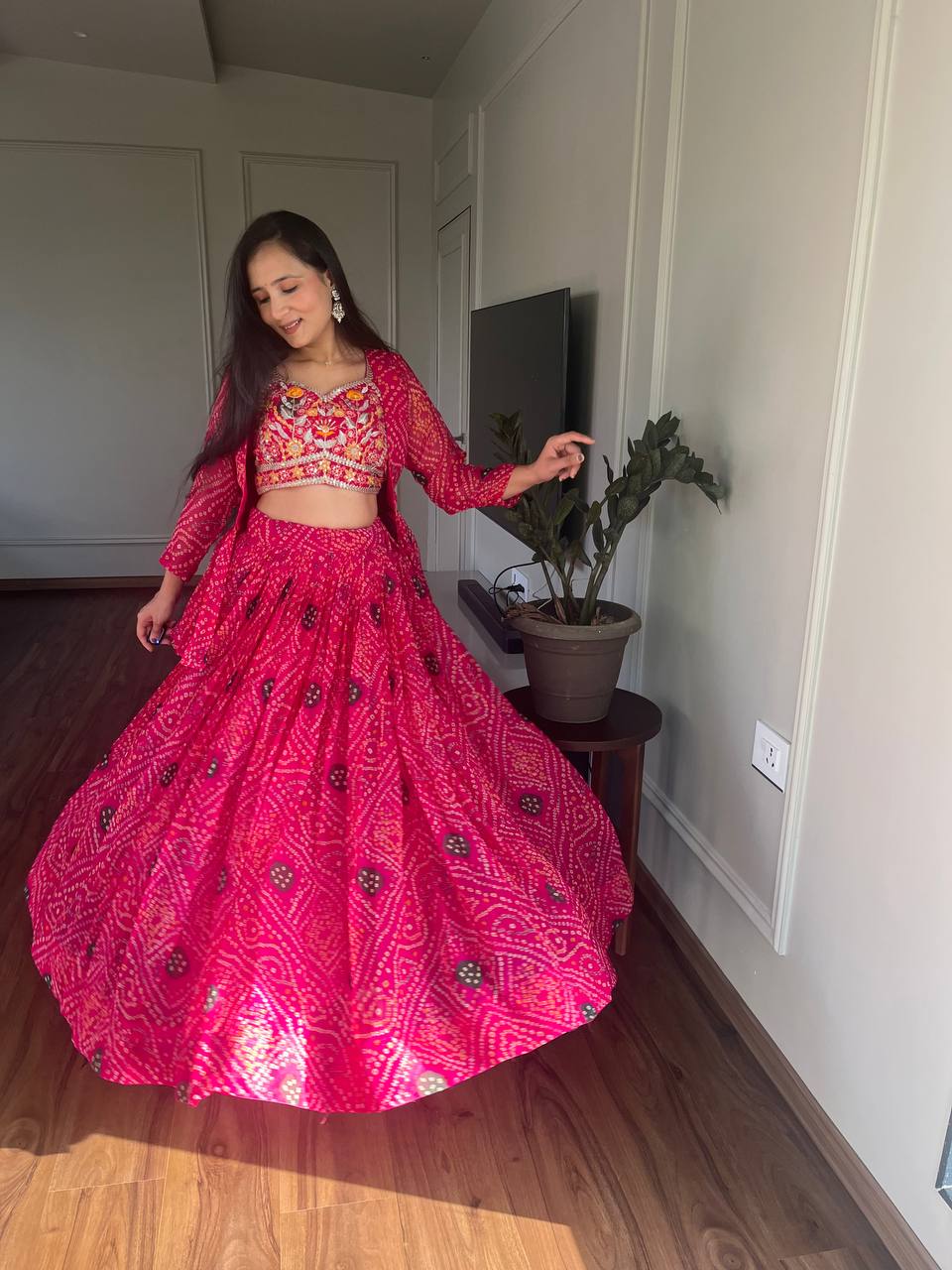 Bandhej Lehenga Choli Set with Jacket in Heavy Embroidery Work | RoopRivaaj