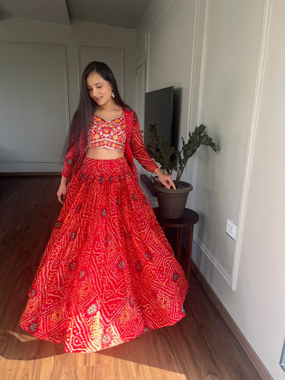 Bandhej Lehenga Choli Set with Jacket in Heavy Embroidery Work | RoopRivaaj
