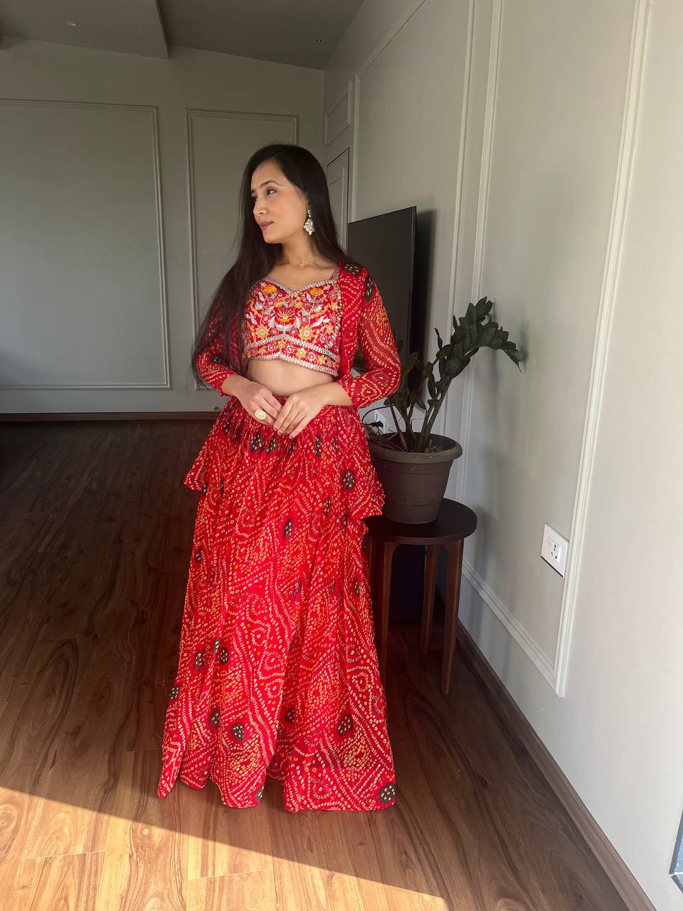 Bandhej Lehenga Choli Set with Jacket in Heavy Embroidery Work | RoopRivaaj