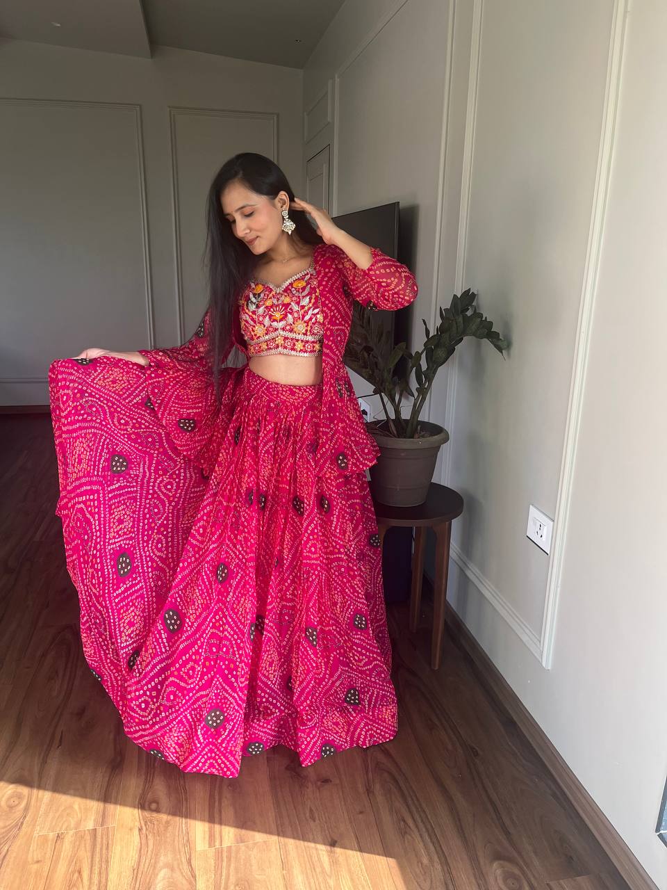 Bandhej Lehenga Choli Set with Jacket in Heavy Embroidery Work | RoopRivaaj