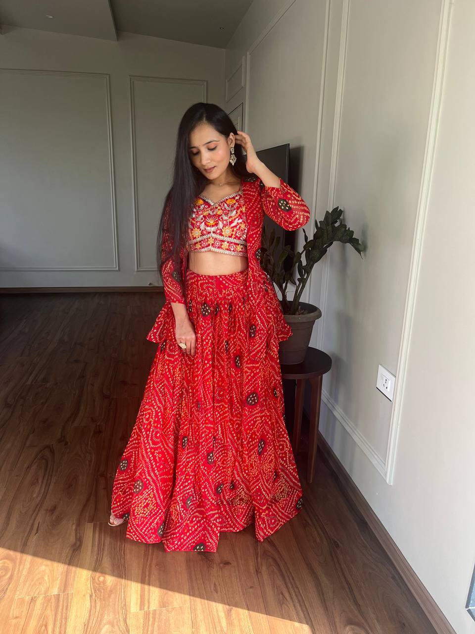 Bandhej Lehenga Choli Set with Jacket in Heavy Embroidery Work | RoopRivaaj