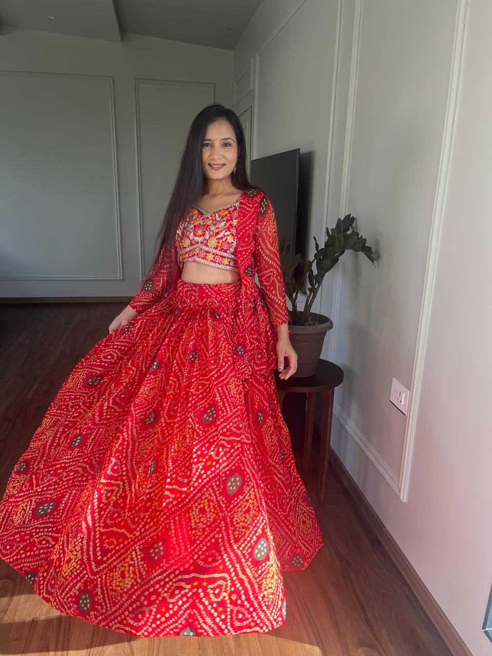 Bandhej Lehenga Choli Set with Jacket in Heavy Embroidery Work | RoopRivaaj