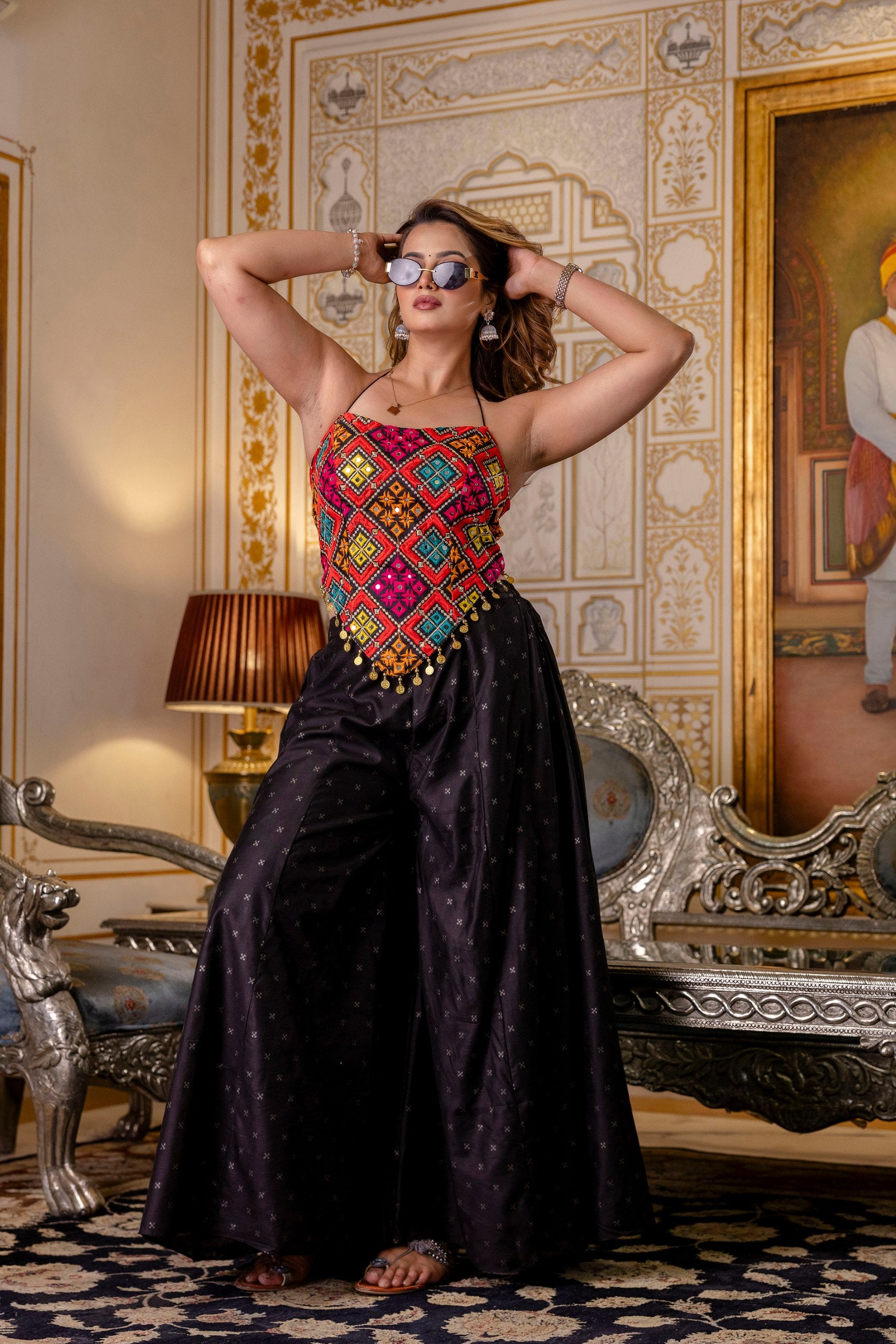Black Embroidered Bangalori Silk Top with Pure Butti Palazzo Set | RoopRivaaj
