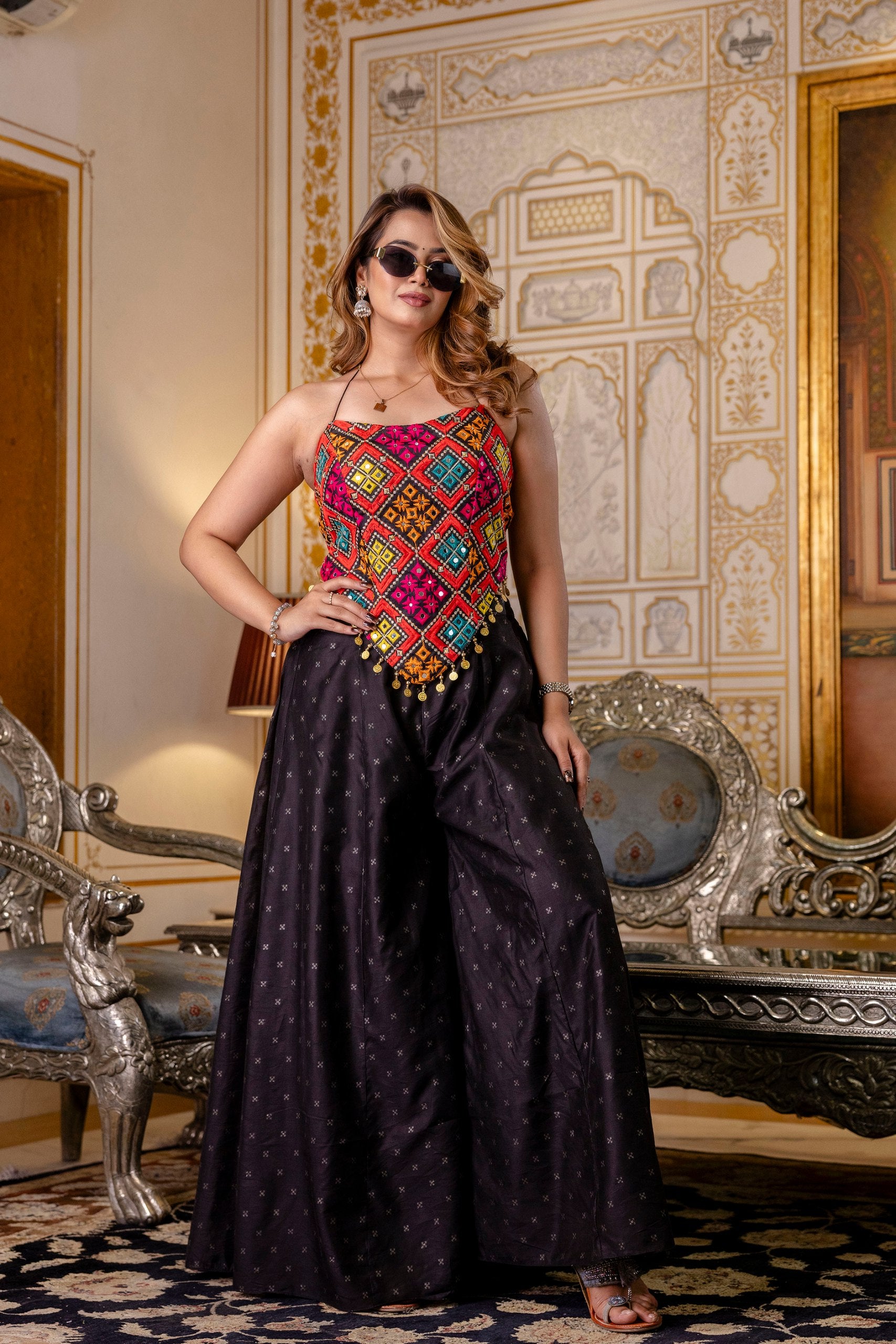 Black Embroidered Bangalori Silk Top with Pure Butti Palazzo Set | RoopRivaaj