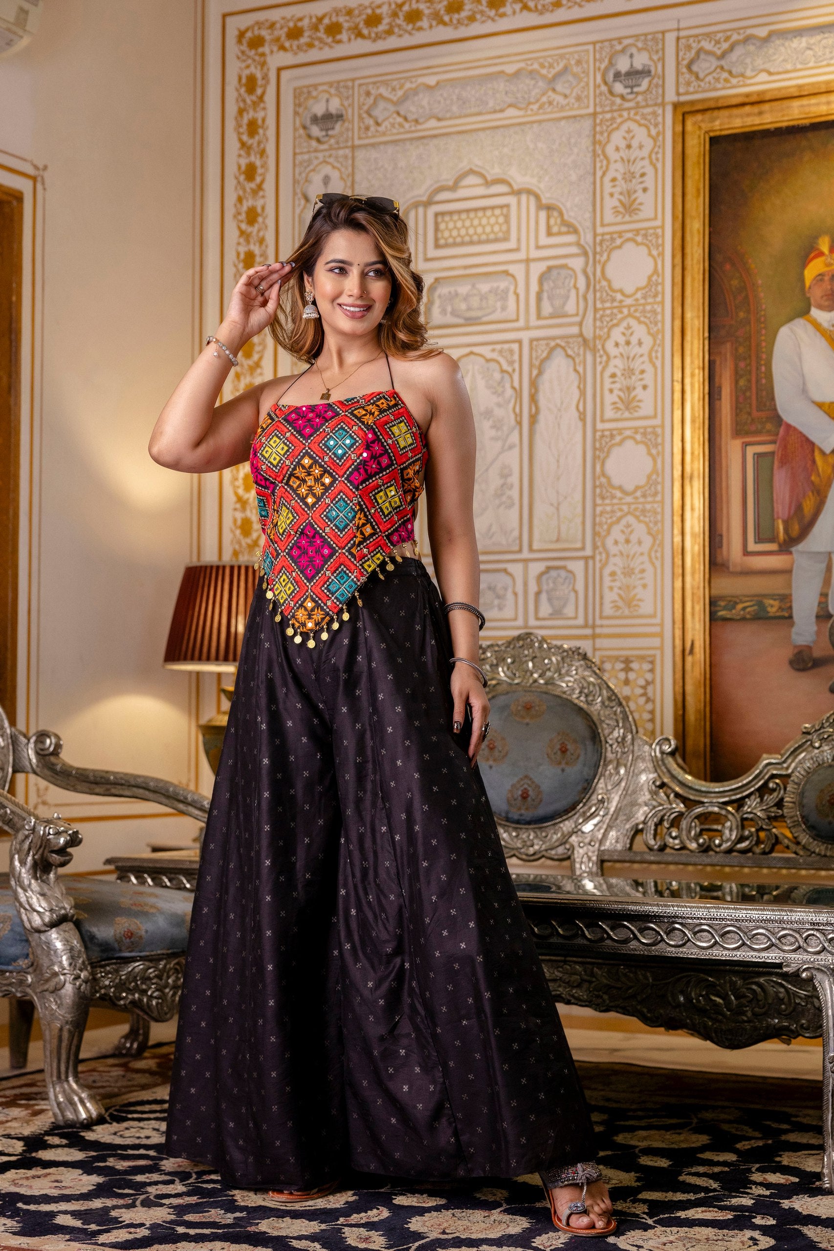 Black Embroidered Bangalori Silk Top with Pure Butti Palazzo Set | RoopRivaaj