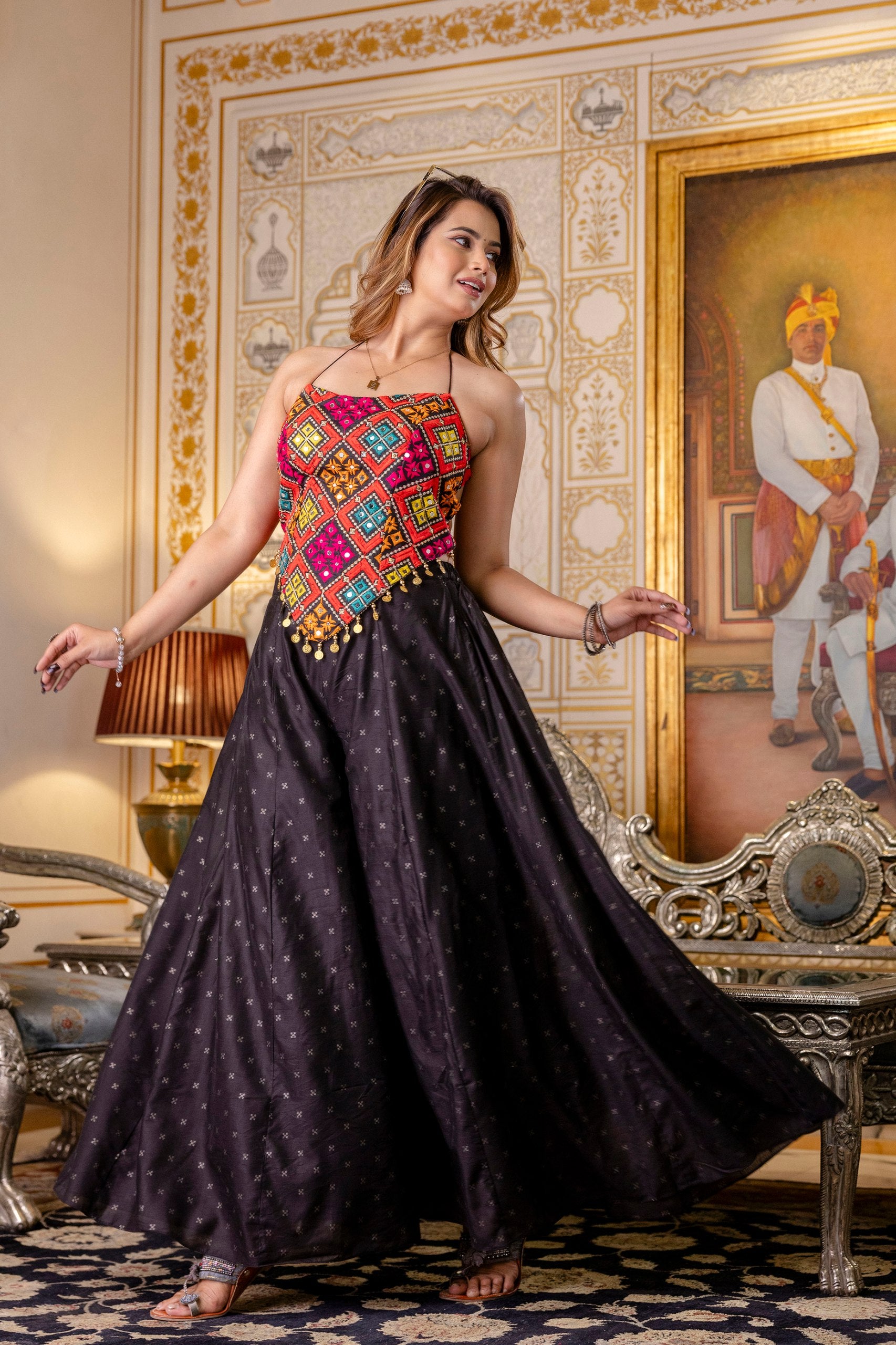 Black Embroidered Bangalori Silk Top with Pure Butti Palazzo Set | RoopRivaaj