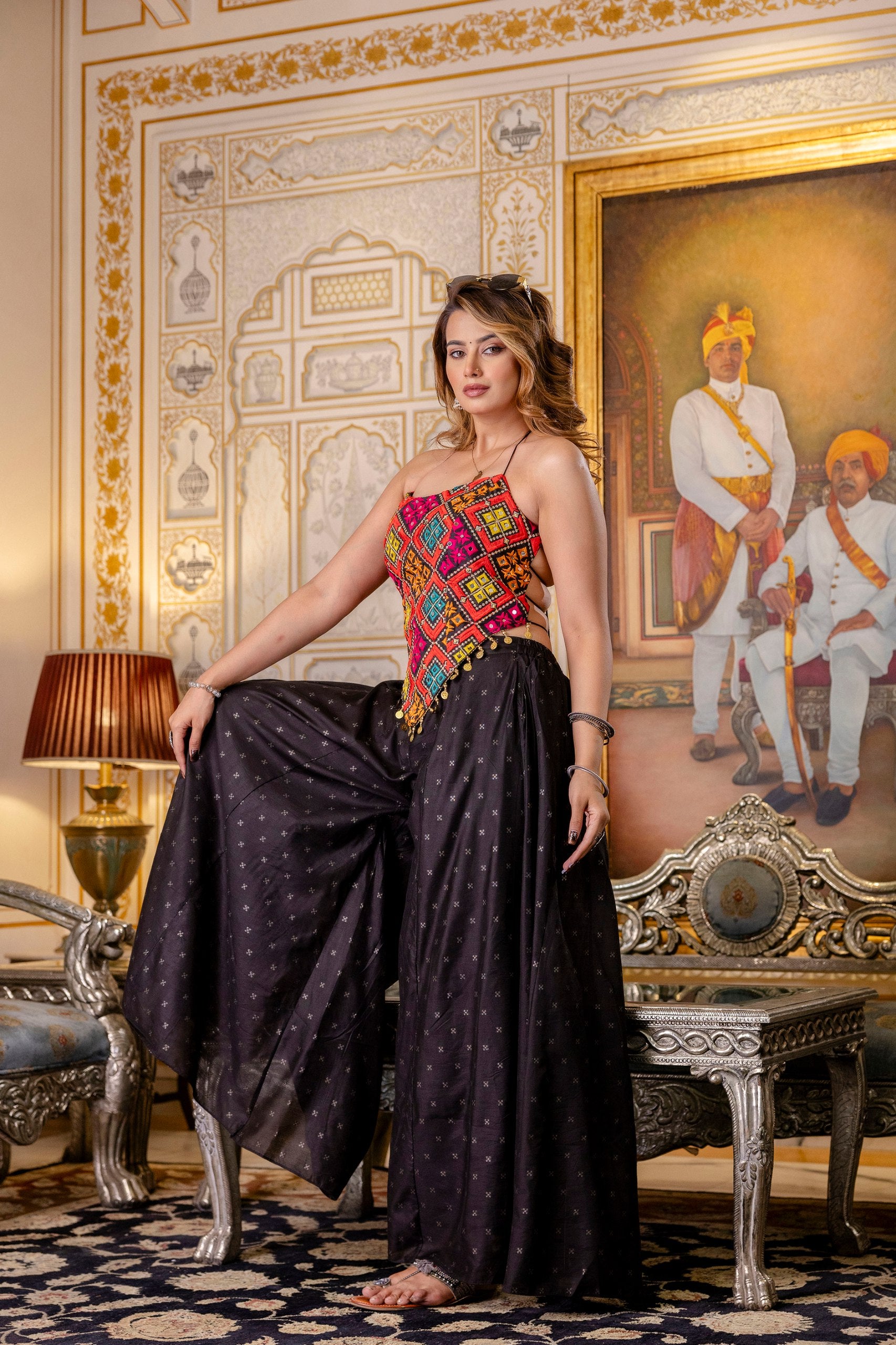 Black Embroidered Bangalori Silk Top with Pure Butti Palazzo Set | RoopRivaaj