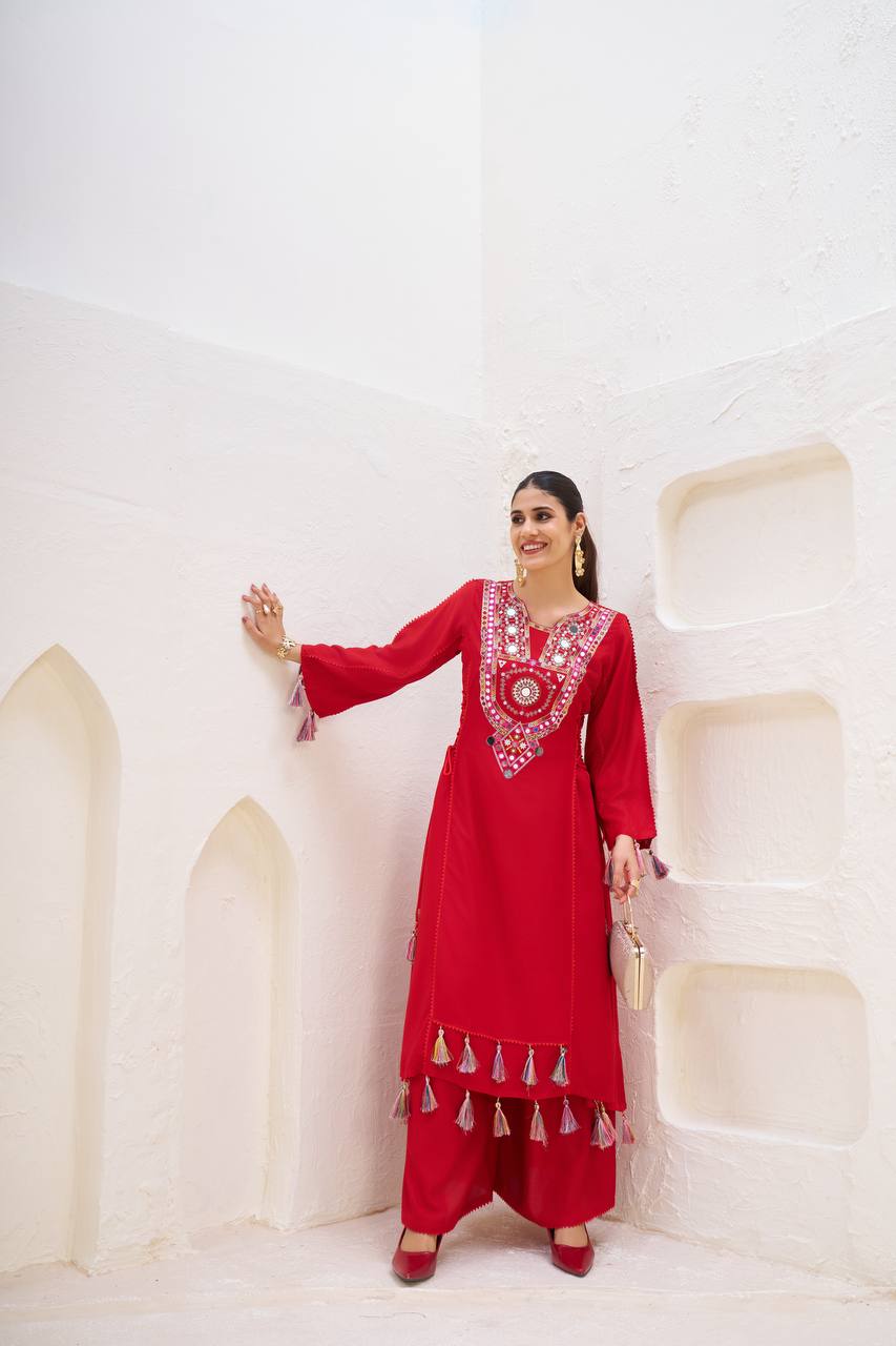 Rayon Co-ord Set with Tassels & Real Mirror Work | RoopRivaaj