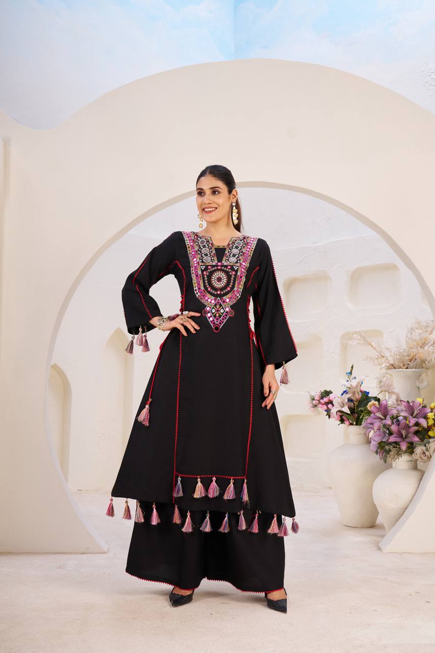 Rayon Co-ord Set with Tassels & Real Mirror Work | RoopRivaaj