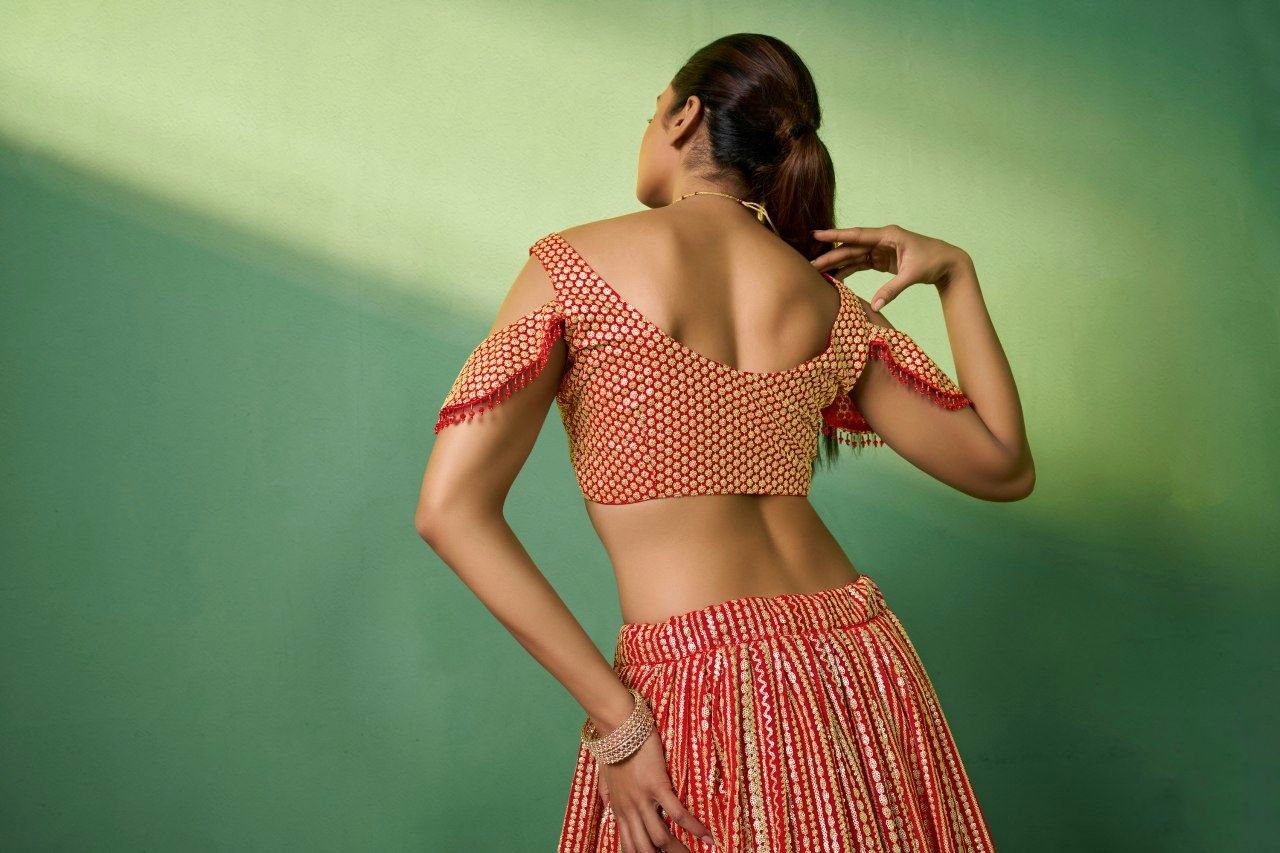 Red Georgette Lehenga Choli with Heavy Sequin Embroidery | RoopRivaaj