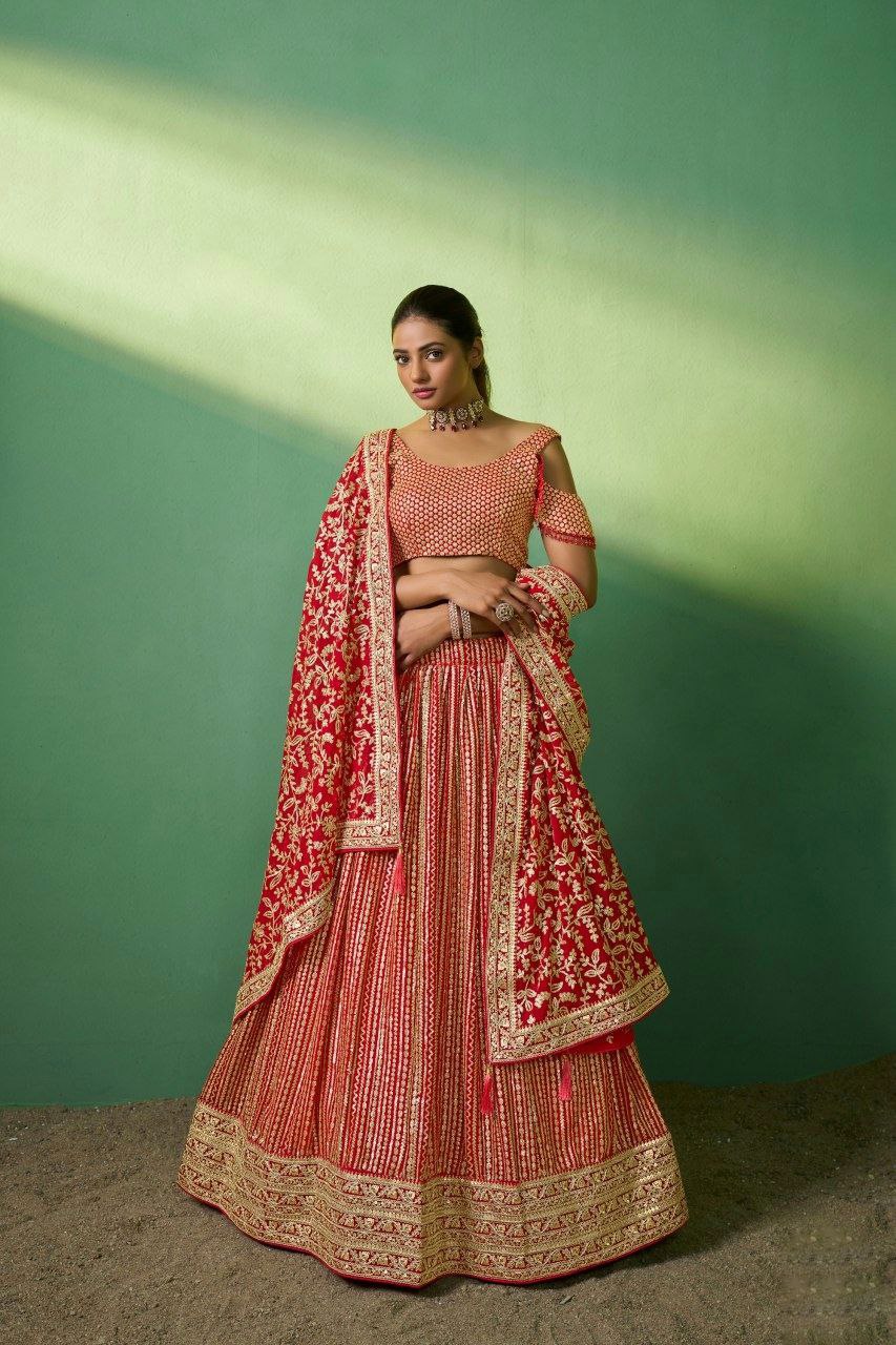 Red Georgette Lehenga Choli with Heavy Sequin Embroidery | RoopRivaaj