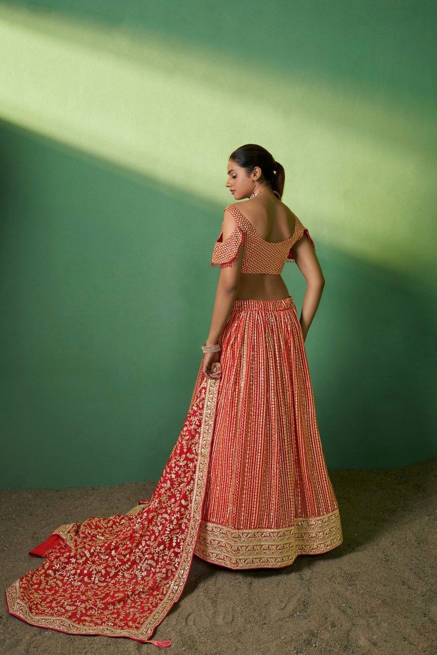 Red Georgette Lehenga Choli with Heavy Sequin Embroidery | RoopRivaaj