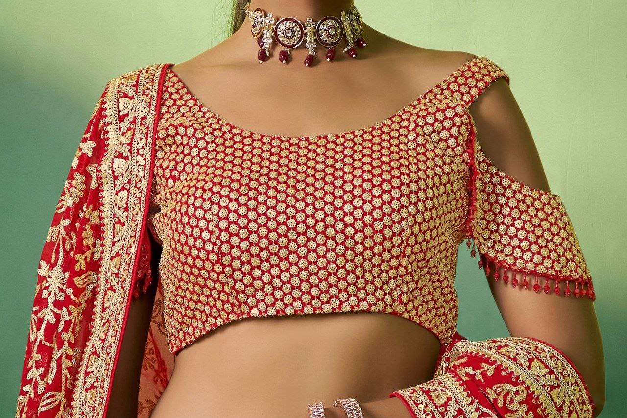 Red Georgette Lehenga Choli with Heavy Sequin Embroidery | RoopRivaaj
