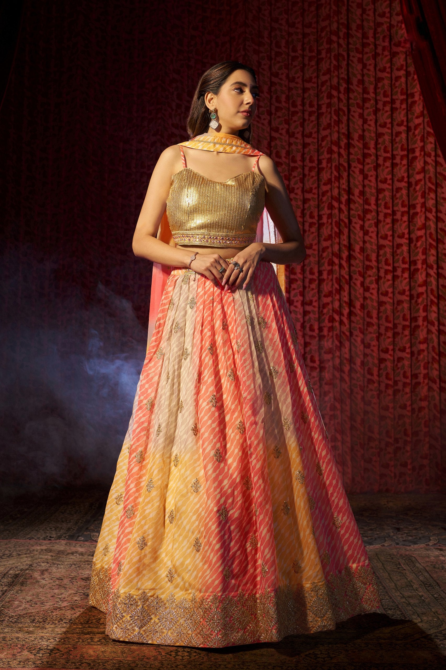 Digital Print Organza Lehenga Set with Cording Embroidery & Mirror Dupatta | RoopRivaaj