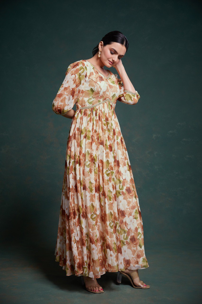 Heritage Bloom Kalamkari Chiffon Gown | RoopRivaaj