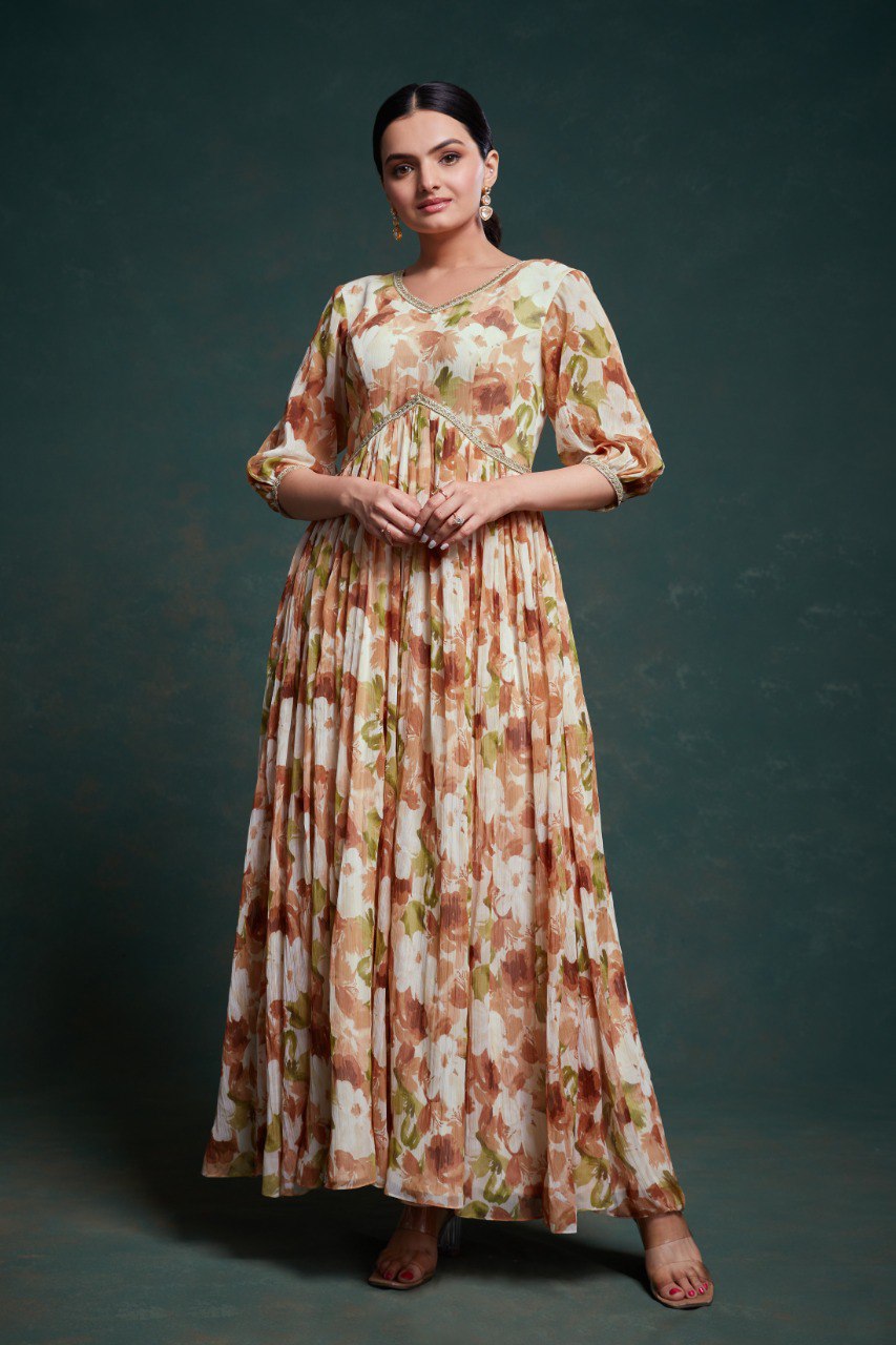 Heritage Bloom Kalamkari Chiffon Gown | RoopRivaaj