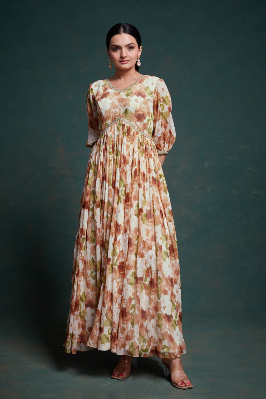 Heritage Bloom Kalamkari Chiffon Gown | RoopRivaaj