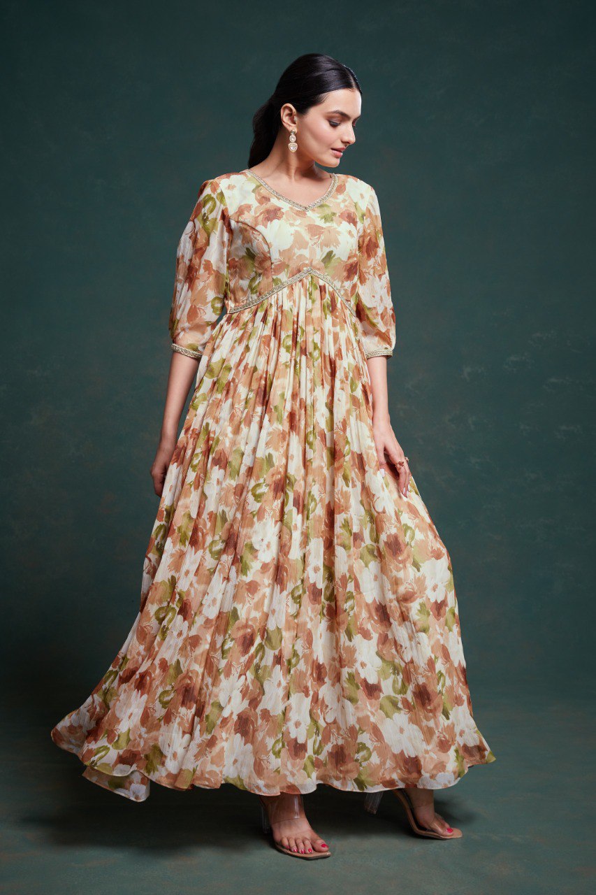 Heritage Bloom Kalamkari Chiffon Gown | RoopRivaaj