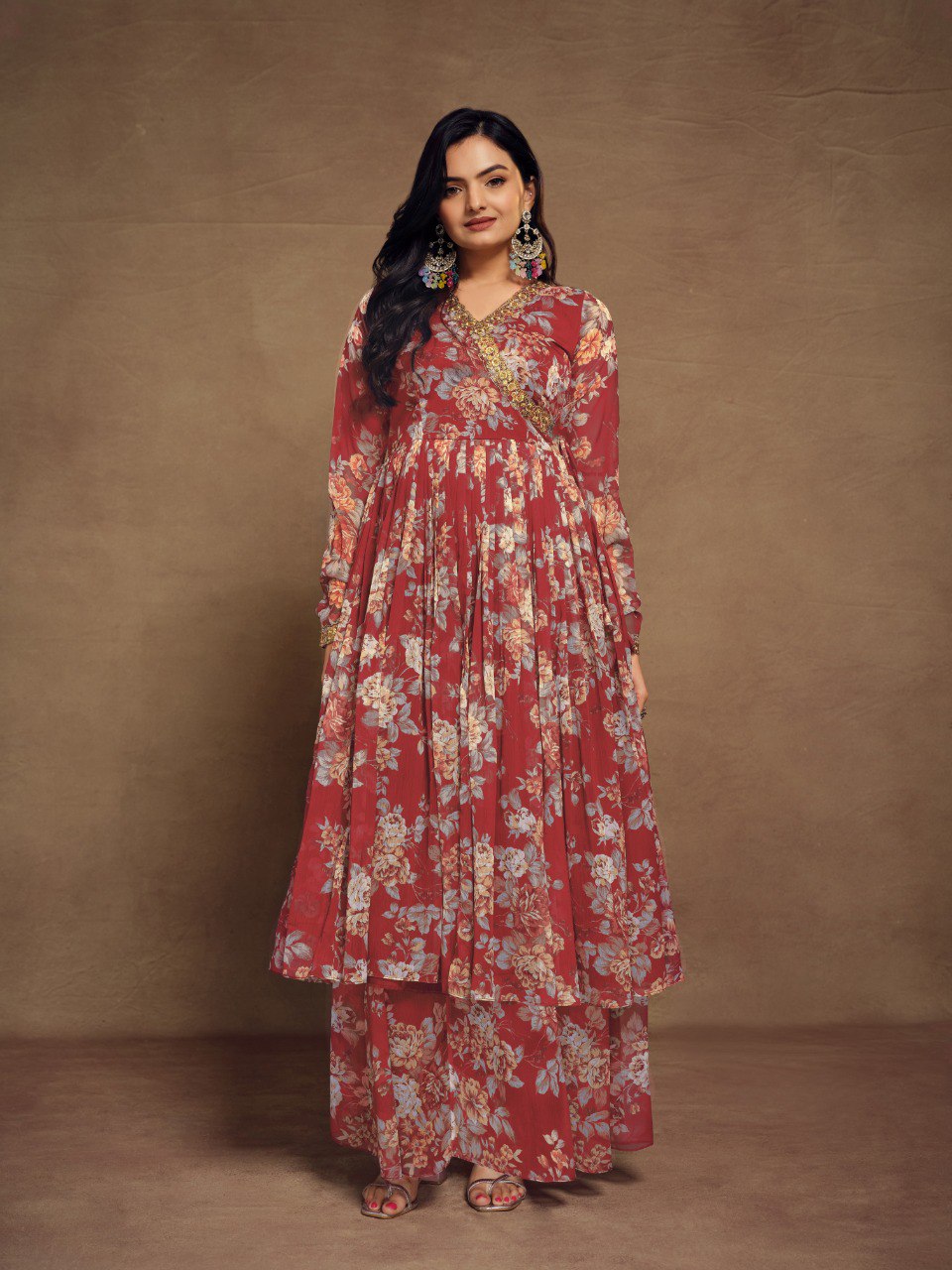 Zari Embroidered Chiffon Top Palazzo Set with Dupatta | RoopRivaaj