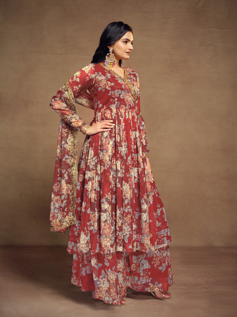 Zari Embroidered Chiffon Top Palazzo Set with Dupatta | RoopRivaaj