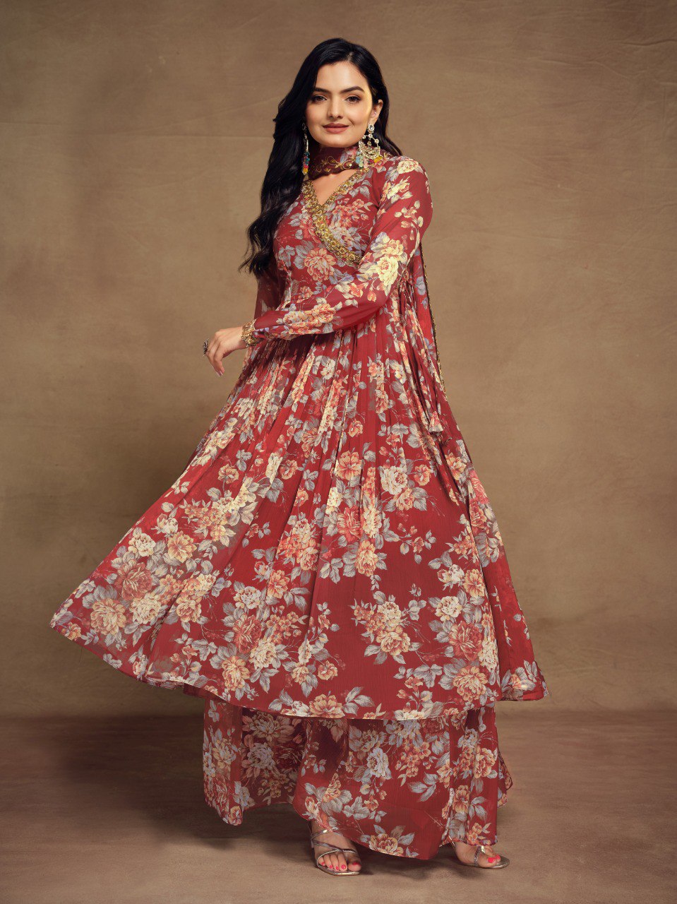 Zari Embroidered Chiffon Top Palazzo Set with Dupatta | RoopRivaaj