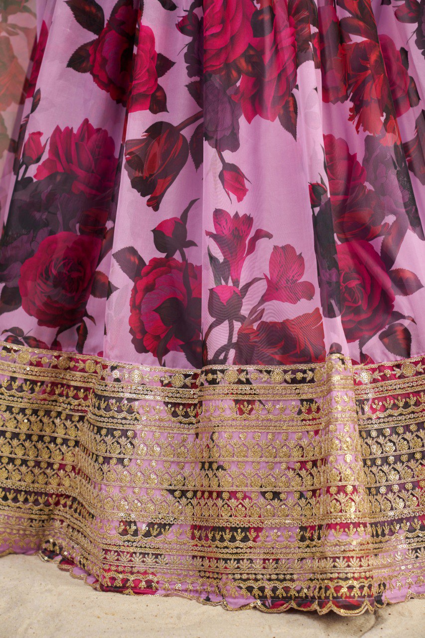 Dreamy Floral Printed Organza Lehenga Choli Set | RoopRivaaj