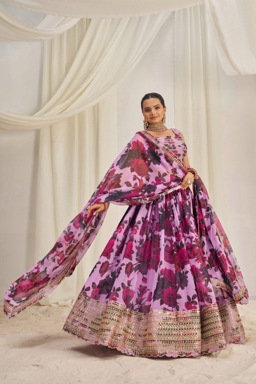 Dreamy Floral Printed Organza Lehenga Choli Set | RoopRivaaj