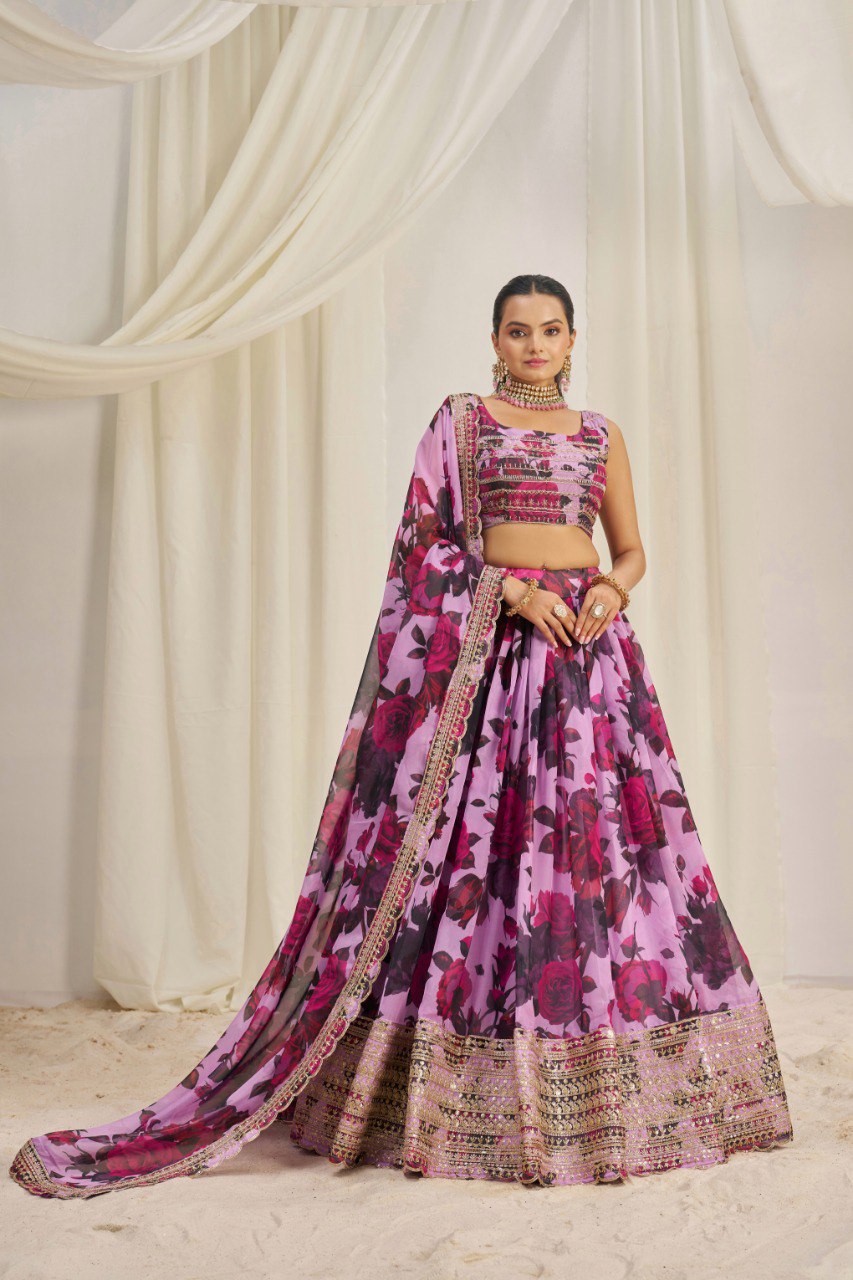 Dreamy Floral Printed Organza Lehenga Choli Set | RoopRivaaj