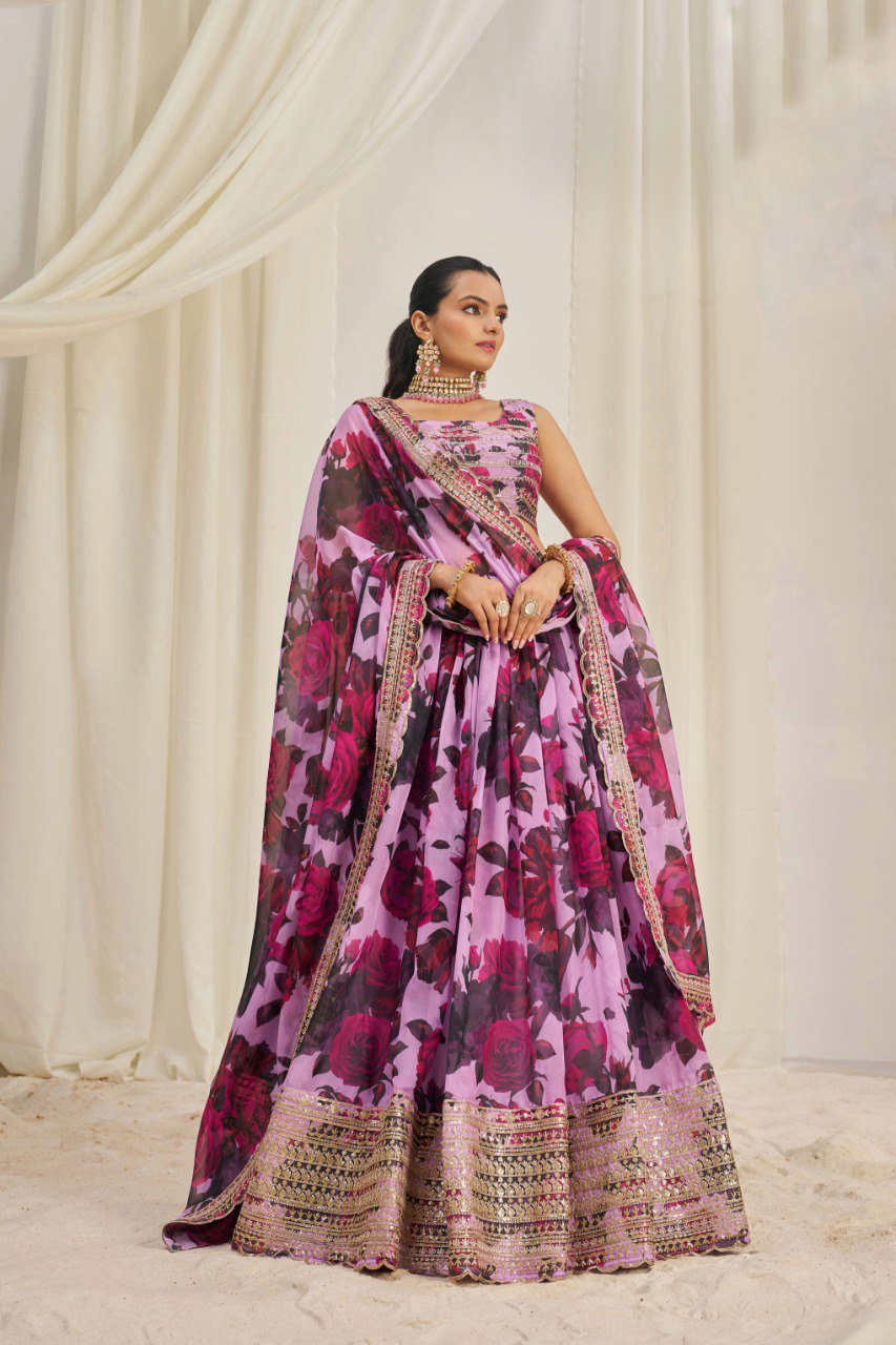 Dreamy Floral Printed Organza Lehenga Choli Set | RoopRivaaj