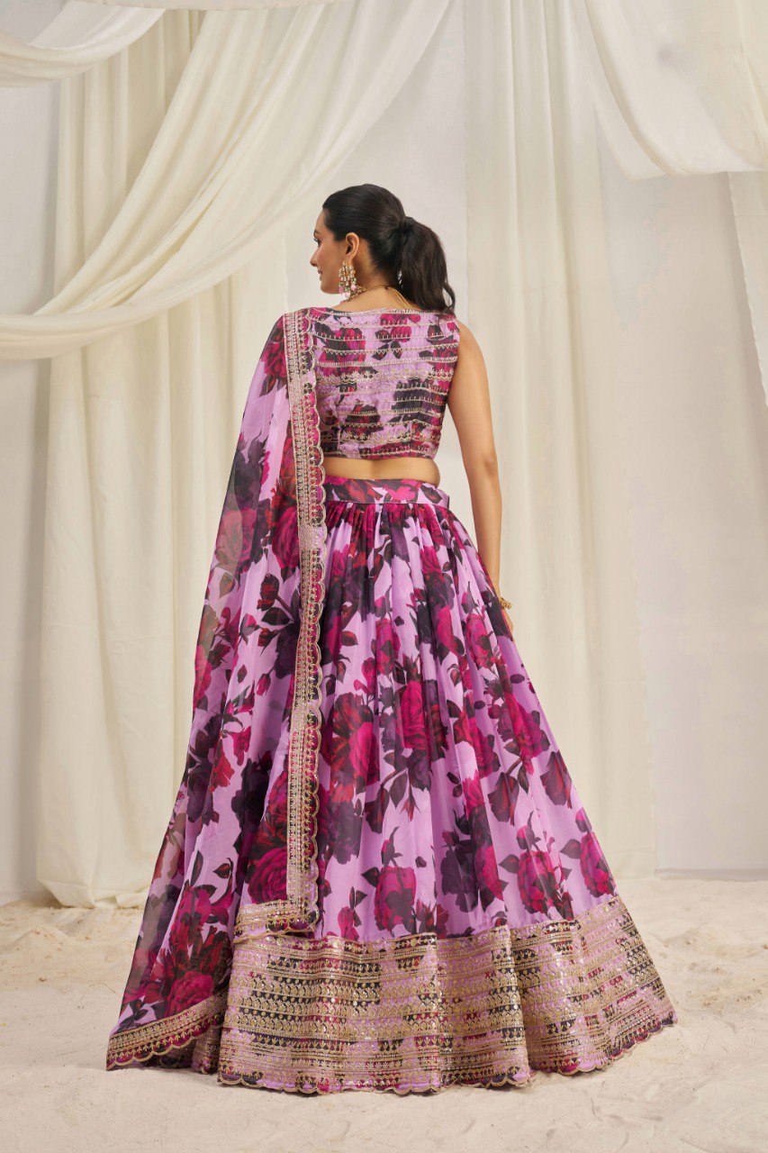 Dreamy Floral Printed Organza Lehenga Choli Set | RoopRivaaj