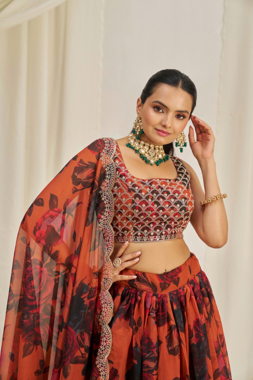 Floral Printed Embroidered Organza Lehenga Choli | RoopRivaaj
