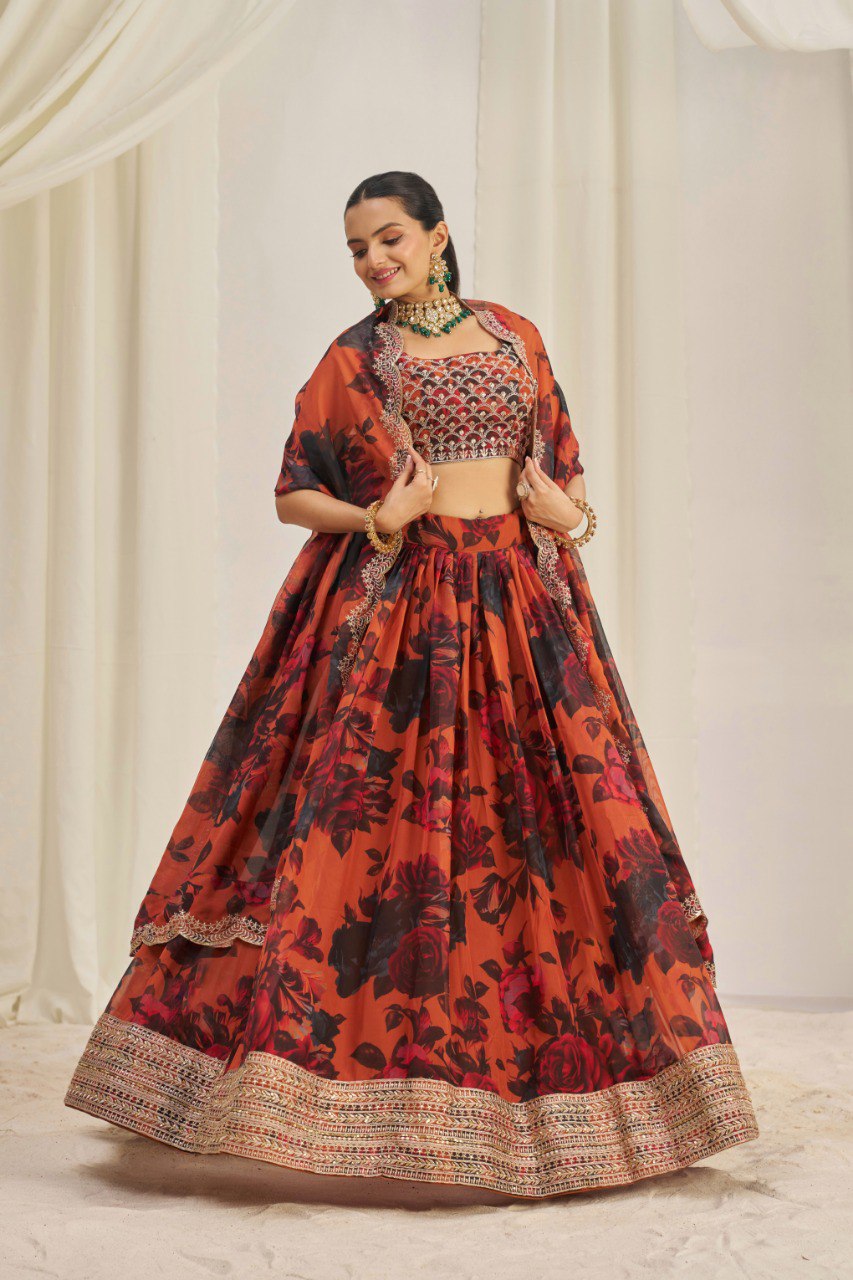 Floral Printed Embroidered Organza Lehenga Choli | RoopRivaaj
