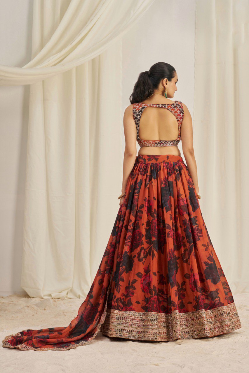 Floral Printed Embroidered Organza Lehenga Choli | RoopRivaaj
