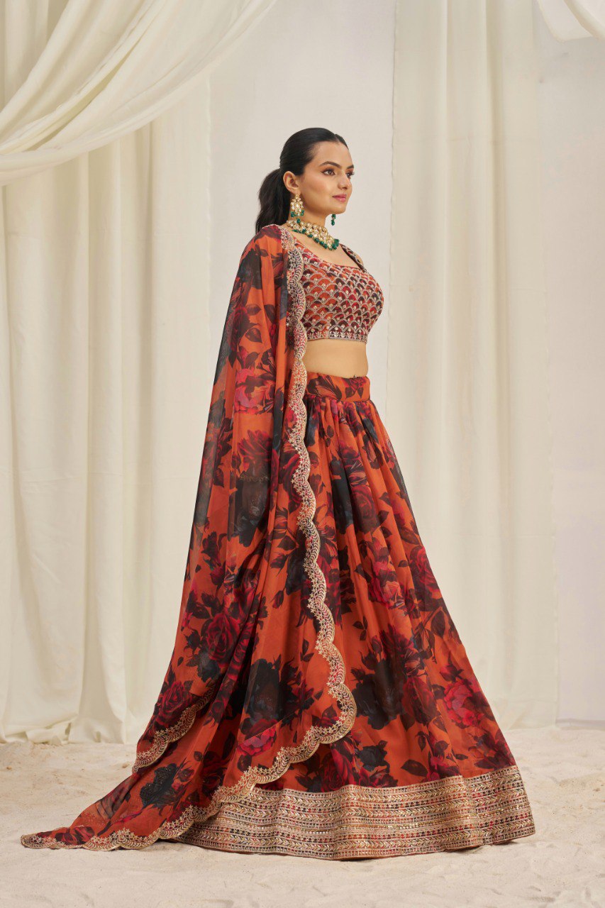 Floral Printed Embroidered Organza Lehenga Choli | RoopRivaaj