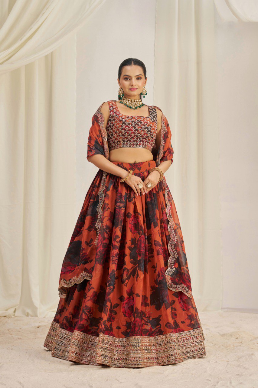 Floral Printed Embroidered Organza Lehenga Choli | RoopRivaaj