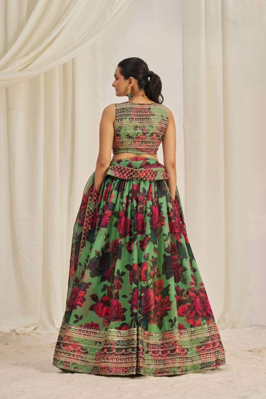 Green Floral Organza Lehenga Choli Set | RoopRivaaj