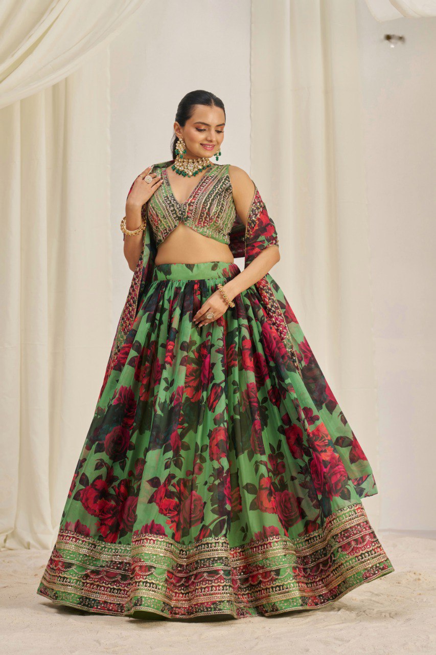 Green Floral Organza Lehenga Choli Set | RoopRivaaj