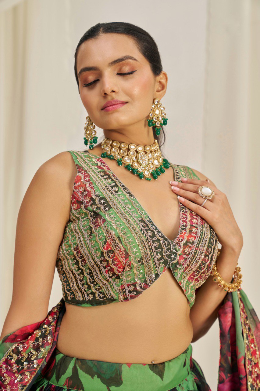 Green Floral Organza Lehenga Choli Set | RoopRivaaj