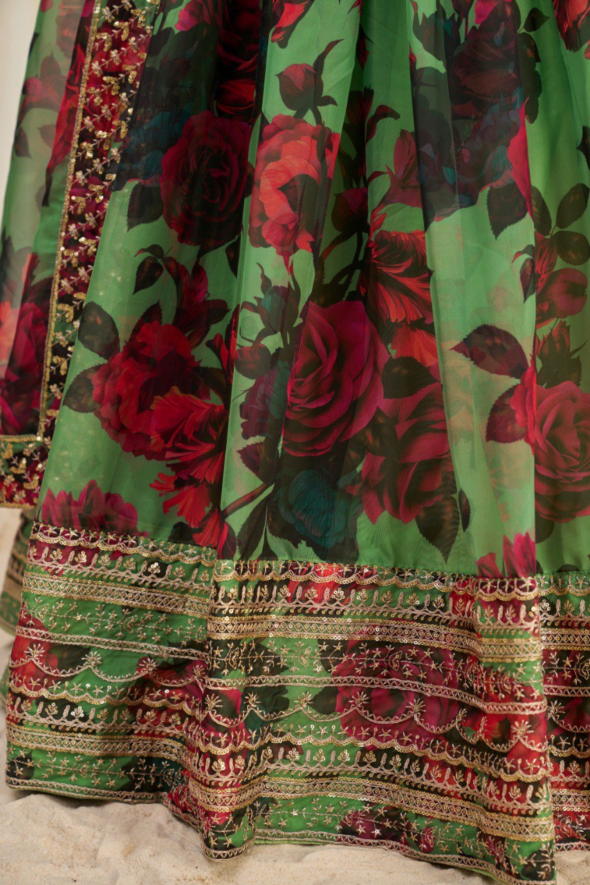 Floral Digital Print Tabby Organza Lehenga Choli Set | RoopRivaaj