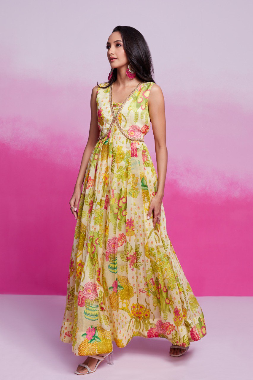 Fully Stitched Floral Organza Printed Gown | RoopRivaaj