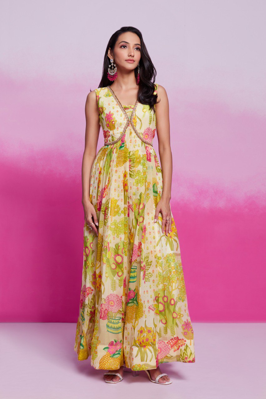 Fully Stitched Floral Organza Printed Gown | RoopRivaaj