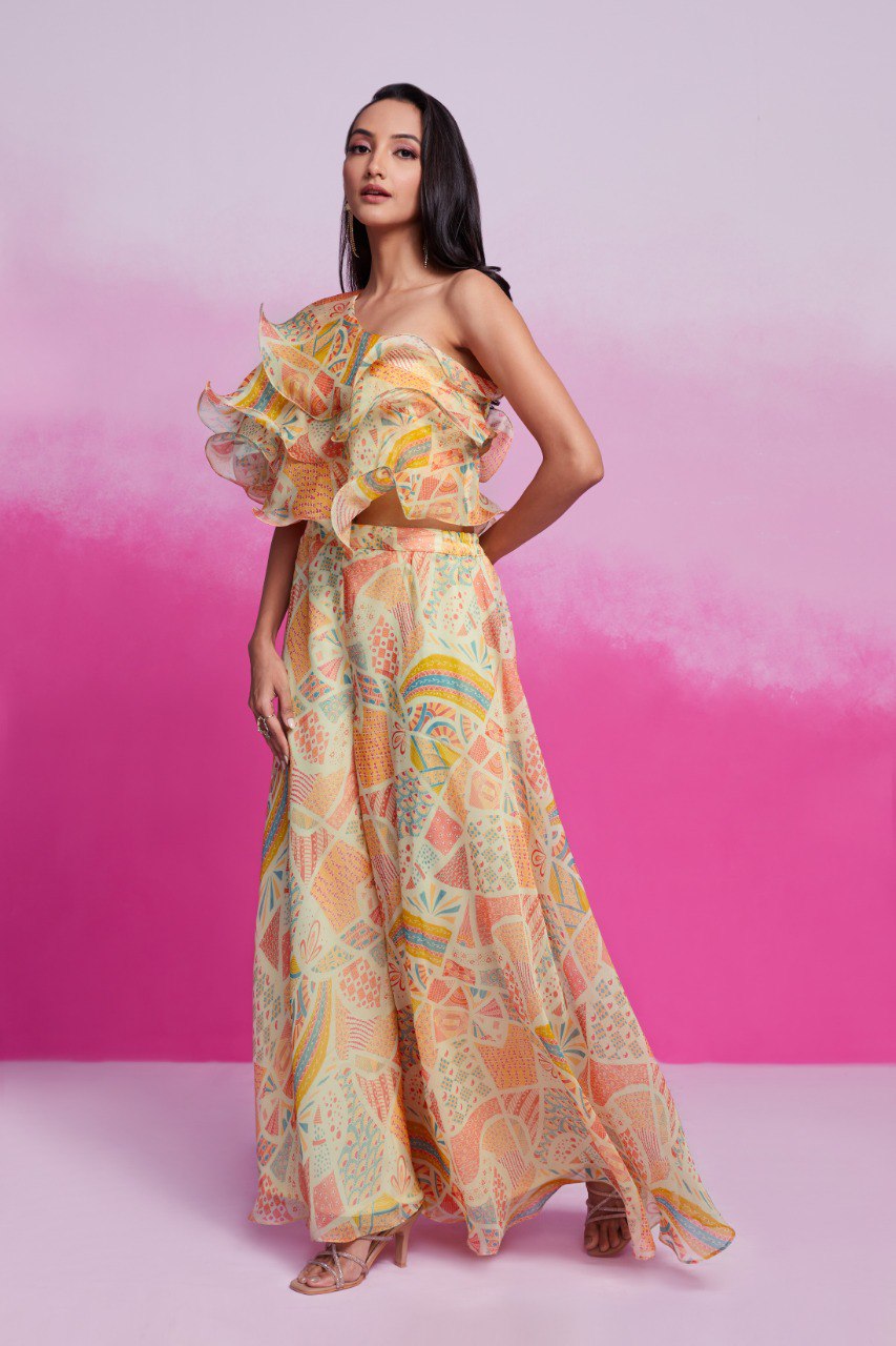 Chic Cream Organza Cape Plazzo Set | RoopRivaaj